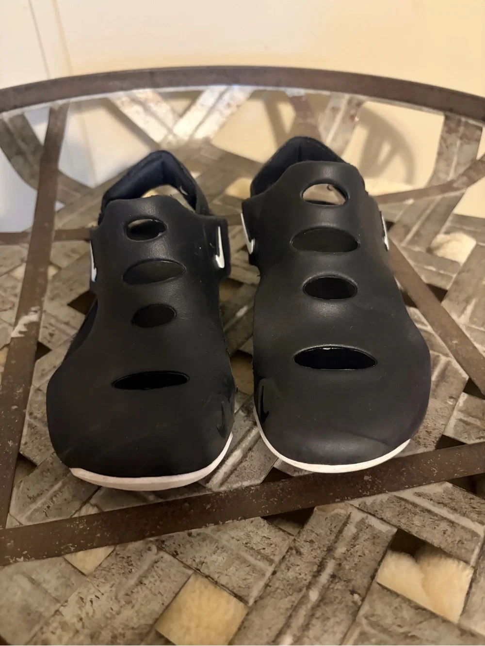 Nike Black Kids Slip-On Cutout Sandals with White Swoosh